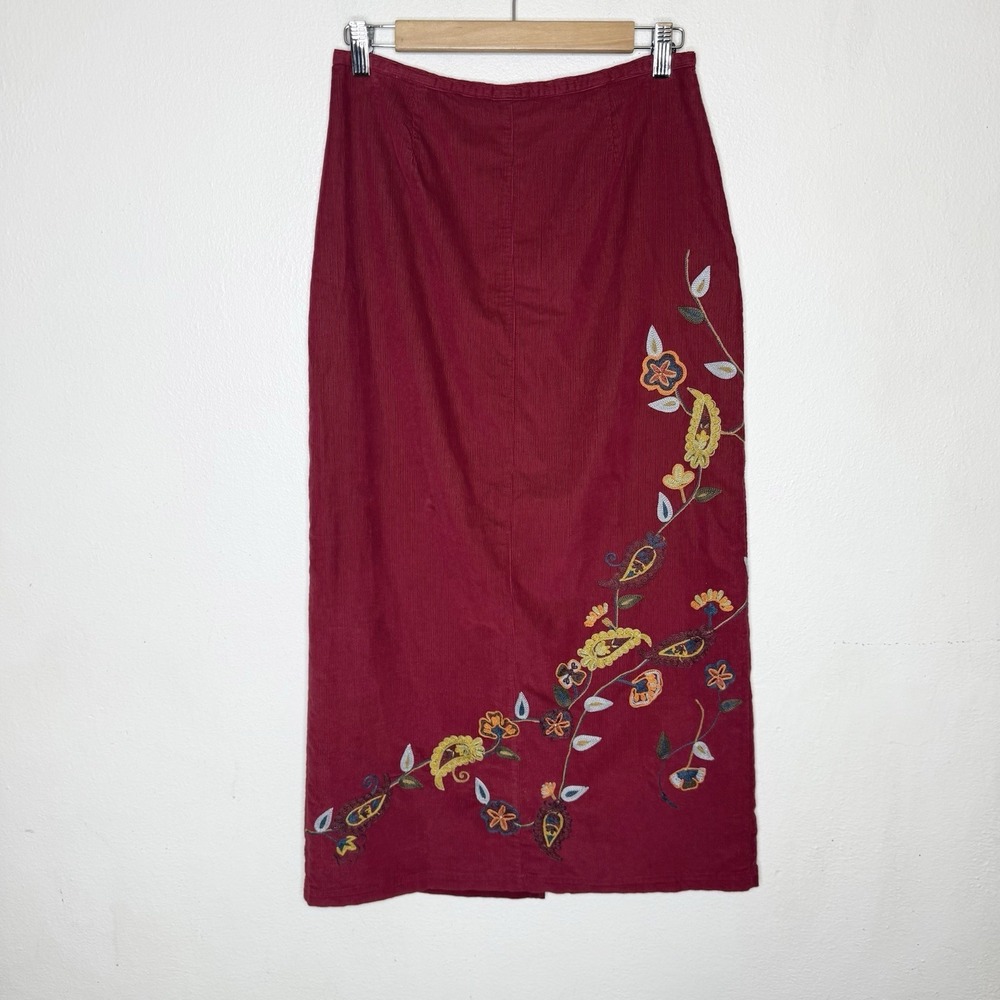 Ivy Corduroy Red Floral Embroidered Lined Midi Skirt Micro Corduroy‎ Womens 6